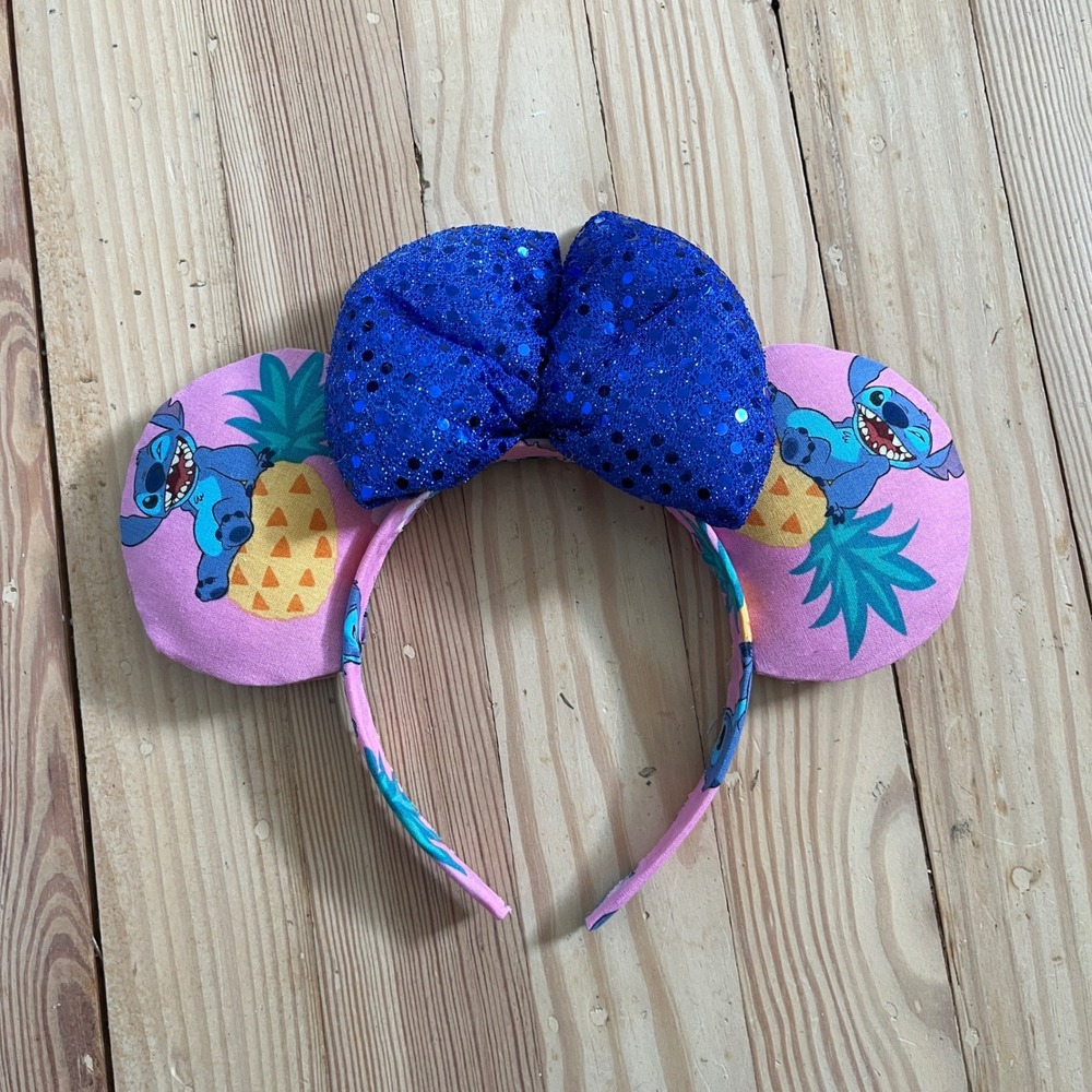 Stitch Pineapple Tropical Pink Mouse Ears Headband Blue Sequin Bow Handmade